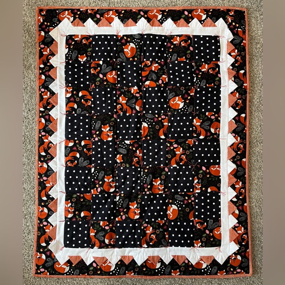 NEW Handmade Fox baby comforter quilt approx size 34.5”x44.5” flannel soft cozy